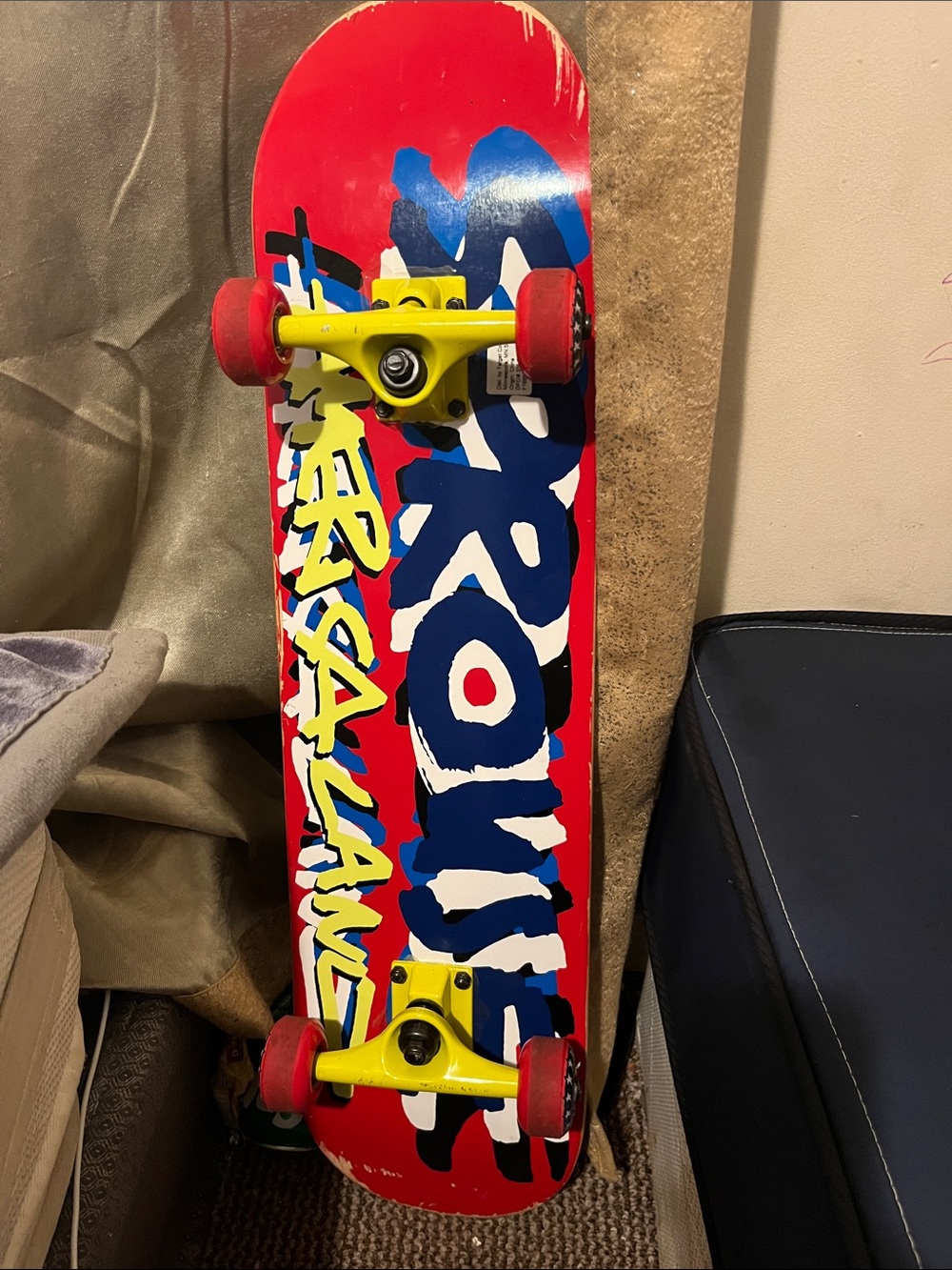 BE COOL Red Skateboard with Yellow Trucks and Red Wheels